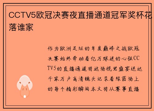 CCTV5欧冠决赛夜直播通道冠军奖杯花落谁家