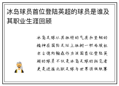 冰岛球员首位登陆英超的球员是谁及其职业生涯回顾