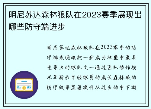 明尼苏达森林狼队在2023赛季展现出哪些防守端进步