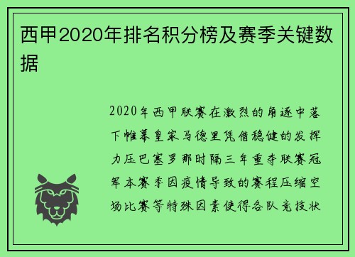 西甲2020年排名积分榜及赛季关键数据